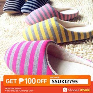 newlife] Striped Cloth Women Men Warm Slippers Non Slipping Shoes (1)
