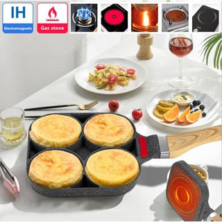 4 Hole Omelet Pan for Burger Egg Ham Pancake Maker Wooden Handle Frying Pot Cook