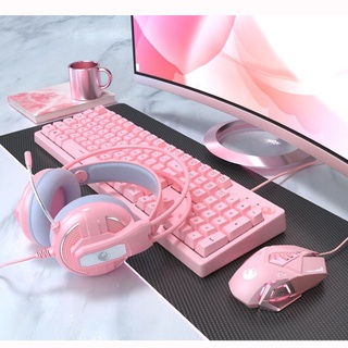 Pink Cute Gaming Keyboard and Mouse headset Combo Keyboard set Pc Computer Laptop games office Wired rgb Pink headphone earphones (1)