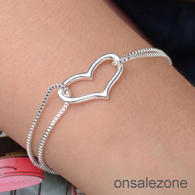 OZPH Women Charm Bracelet 925 Silver Plated Heart Love Bracelet Chain Jewelry