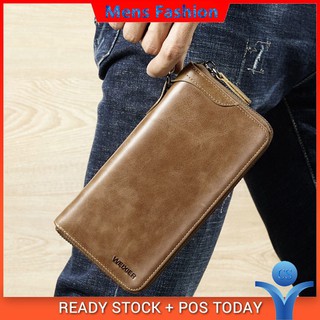 ┋Mens Genuine Leather Long Wallet Zipper Wallet Wristlet Designer Card Purse