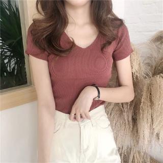 Ice Silk V-neck T-shirt Women Summer Short-sleeved T-shirt Korean Slim Blouse Solid Color Top