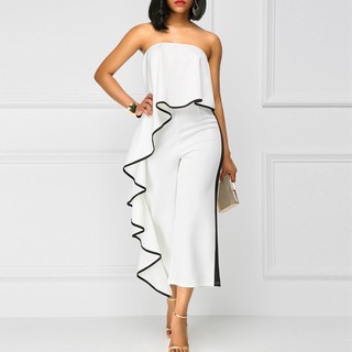 [Free shipping] Women Off Shoulder Jumpsuit Contrast Trim Strapless Backless (2)