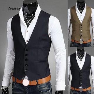 MJ-Business Men Solid Color V Neck Button Pocket Sleeveless Slim Fit Vest Waistcoat