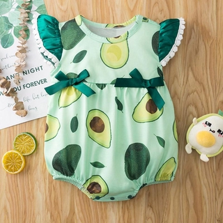IU Summer Baby Girl Cute Flare Sleeve Rompers Casual Infant Fruit Avocados Pattern Bow Design Bodysuits