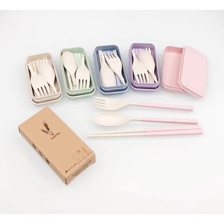 Souvenir Gifts Chopstick Spoon Fork Cutlery Set Portable Wheat Straw Reusable with Box Tableware