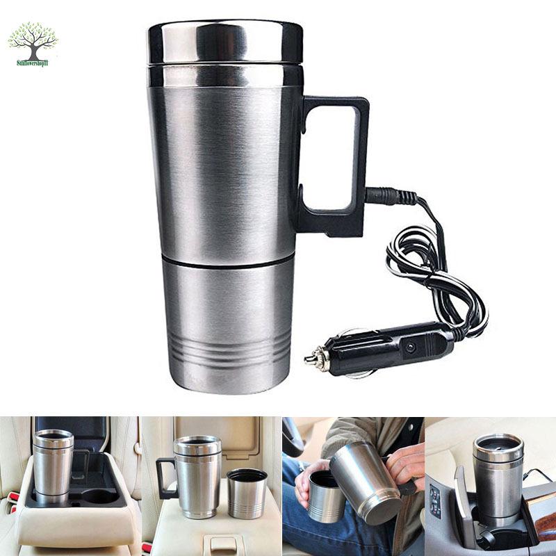 DD❤ Water Heater Mug Car Electric Kettle Heated Stainless Steel Car Cigarette Lighter Heating Cup