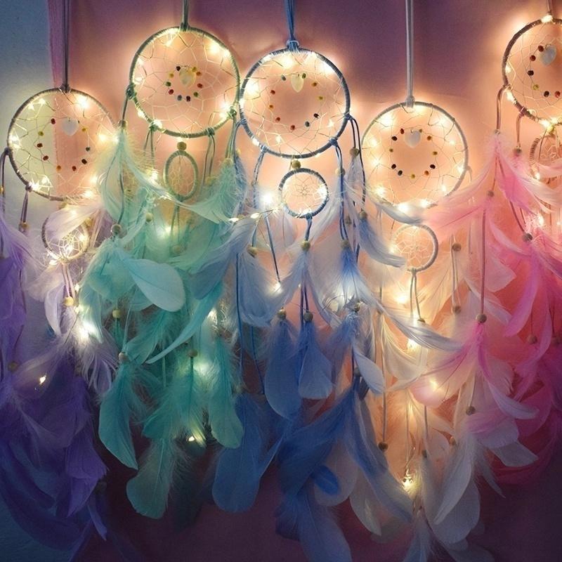 Dream Catcher with Night Light Feather Lamp Portable Handmade Wall Hanging Room Home Decoration