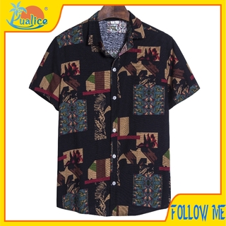 Men's National Style Retro Print Short Sleeve Street Top Top Loose Beach Hawaiian Shirt Breathable Cotton Linen Shirt