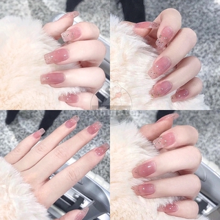 【With Glue】24Pcs/Box Pink Super Good Quality Square Long French Simple Model Fake Nail