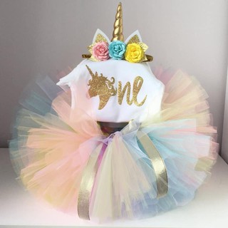 Baby Unicorn Tutu Dress 1st Birthday Outfit Complete Set Rainbow Multi Color Romper Skirt Headband