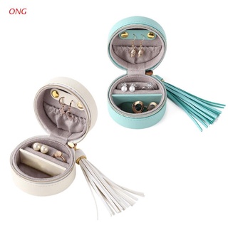 ONG Portable Jewelry Box Storage Organizer PU Leather Small Round Jewellery Case Rings Earrings Zipper Box