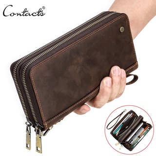 Contact'S Genuine Leather Men's Wallet Clutch Bag Card Holder Long Wallets Double Zipper Large Capacity Vintage Male Purses