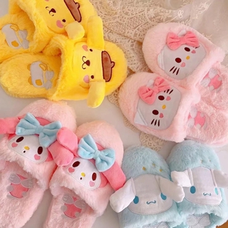 Women indoor Cute Slippers Cinnamoroll Melody Pompom Cartoon Warm Woman Slippers Finn Plush Shoes Home House Slippers