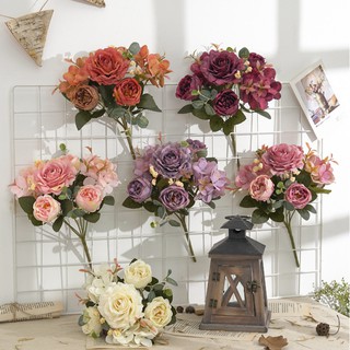 Retro 1 Bouquet Artificial Silk Rose Peony Flowers Bride Flower Hydrangea For Wedding Party Home Decoration