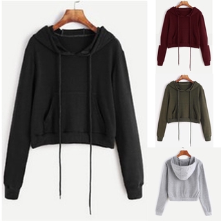 FM Women Casual Loose Hoodies Solid Color Crop Tops Long Sleeve Pullovers Sweatshirt