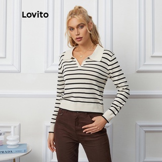 Lovito Preppy V Neck Polo Collar Striped Long Sleeve Tops L08215 (Beige)