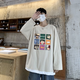 △◆Pure cotton loose long-sleeved T-shirt men s 21 autumn new trend sweater fake two pieces of casual
