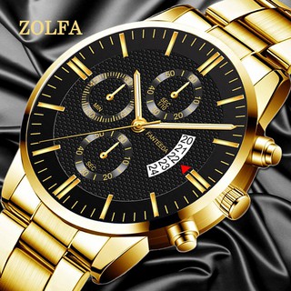 ZOLFA Mens Gold Stainless Steel Watch Luxury Calendar Business Quartz Wristwatches Analog Round Casual Watches Relo Ng KalalakihanCOD Korean student GD same paragraph Small Daisy watch Floral Motif Canvas For Women couple bracelet Watch Set WC5e