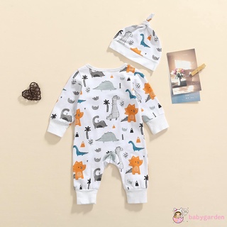BABYGARDEN-Baby Boys Long Sleeve Romper with Cap, White Dinosaur Printed Pattern Button-down Overalls (4)