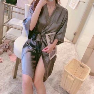 Ladies Satin Bathrobes Plain Silk Kimono Tie 3/4 Sleeves Plus Size Sleepwear Nightewear 6 Colors