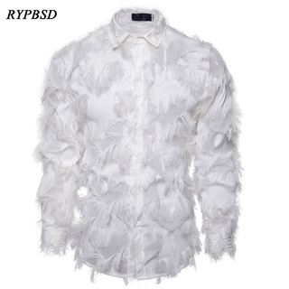 Sexy Feather Lace Shirt Men 2021 Fashion Floral Long Sleeve Dress Shirts Men Party Nightclub