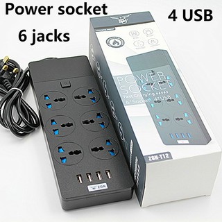 US Plug 3000W Power Strip Surge Protector Universal Plug Socket with 4 USB Ports 6 AC Outlet Overload Protection Switch Control Charging Station for Home, Office, Travel (1)