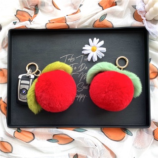 ▣Car keychain cute plush apple pendant plush doll rex rabbit fur key pendant female bag pendant