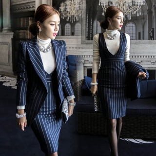 Professional Women Small Suit Jacket OL Suit Skirt Stripe Long Sleeve Two-Piece Autumn