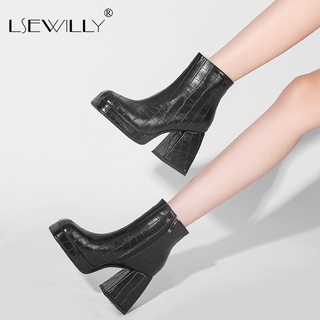 Lsewilly 2021 Women Ankle Boots Platform Square High Heel Ladies Short Boots PU Leather Short Plush