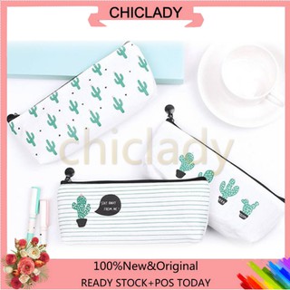 ❤COD❤School Supply Stationery Pencil Case Canvas Green Cactus Print Cosmetic Bag pencil bag