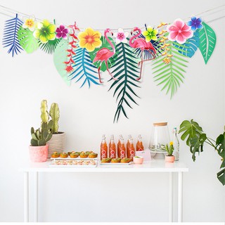 Hawaiian Tropical Flamingo Leaves Banner Garland Paper Flower Banner Home Birthday Party Bunting