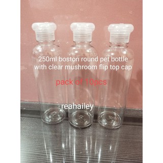 pack of 10pcs 250ml Boston round pet bottle with clear mushroom flip top cap