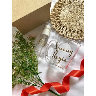 PERSONALIZE GIFTS SET; clear mug with spray bottle for baptism/wedding/corporate/birthday souvenirs