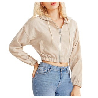 Women Casual Solid Corduroy Zip-Up Pocket Shirt Hooded Sweatshirt Cropped Jacket
