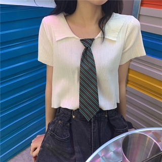 Korean version of polo collar short bottoming shirt tie short sleeve knit sweater T-shirt female top