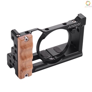 Andoer Metal Aluminum Camera Cage Compatible with Sony RX100 VI/VII with Cold Shoe Mount 1/4 Screw Wooden Handgrip Vlogging Shooting Accessories
