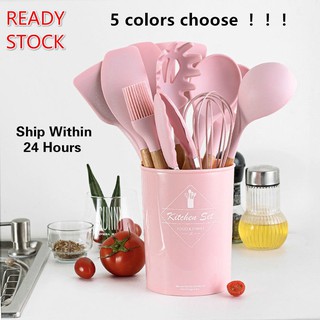 【In Stock】9/12 Pcs Silicone Cookware Set Non-Stick Cooking Tools Spatula Shovel Wood Handle