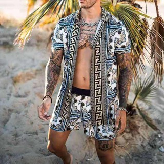 Hawaiian Beach Mens 2 Piece Sets Black Printed Short Sleeve Lapel Shirt Casual Shorts 2021 Summer St