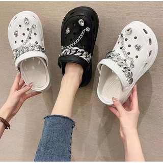 Fashion crocs soft sole Classic Bae Clog with chain SILVER/GOLD lightweight for women free 8pcscharm