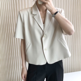 C&M Women Korean Trendy Summer Casual Short Sleeve Apricot V-neck Short Blazer