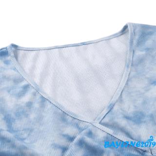 ❀ℳay-Women Summer Tie Dyeing Pattern Short Sleeve Outfit Slim Crop Top (5)