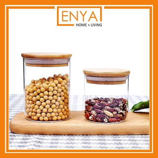 ENYA Mason Borosilicate Glass Container Jar with Bamboo Lids for Cookie Herbs Spices Candies (2)