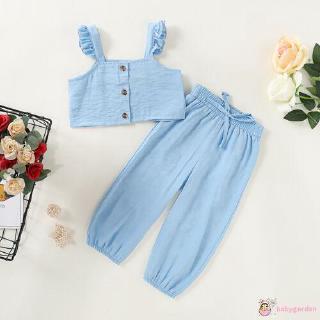 ღ♛ღ1-6Years Baby Girl Clothing Solid Color Sleeveless Sling Casual Button Tops +Trousers (4)