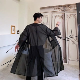 Men Translucent Mesh Trench Coat Male Japan Streetwear Punk Gothic Hip Hop Long Cardigan Jacket Stag