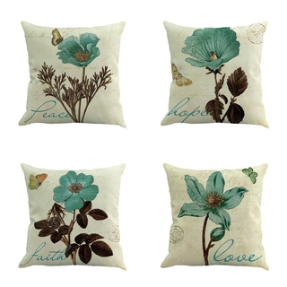 Set of 4Pcs Cotton Linen Cushion Cover Throw Pillow Covers Retro Shaby Chic Flower Printed Square Pillowcase Home Decorative Gifts for Sofa Bed Car Garden 18"x18" 45x45cm