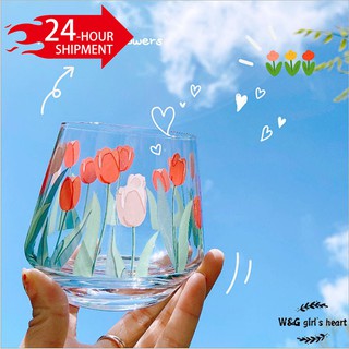 <24h delivery> W&G Nordic retro large capacity household simple and fresh tulip printing glass transparent water cup (1)