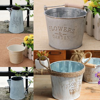 Vintage Metal Tin Flower Bucket Plants Herb Vases Pot Container Watering Can Home Garden Hanging Decor
