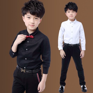 Ready Stock Boys Cotton Shirts Children Solid Shirts with Bowtie Boys Tops