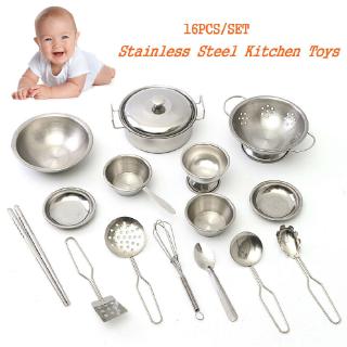 16Pcs Baby Miniature Cooking Set Tableware Pretend Play Cook Toy Kitchen Cookware Set